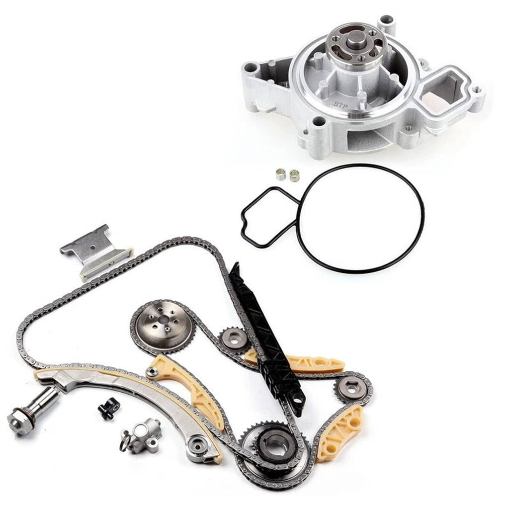 Timing chain kit with water pump housing, chain, sprockets, guides, and O-ring