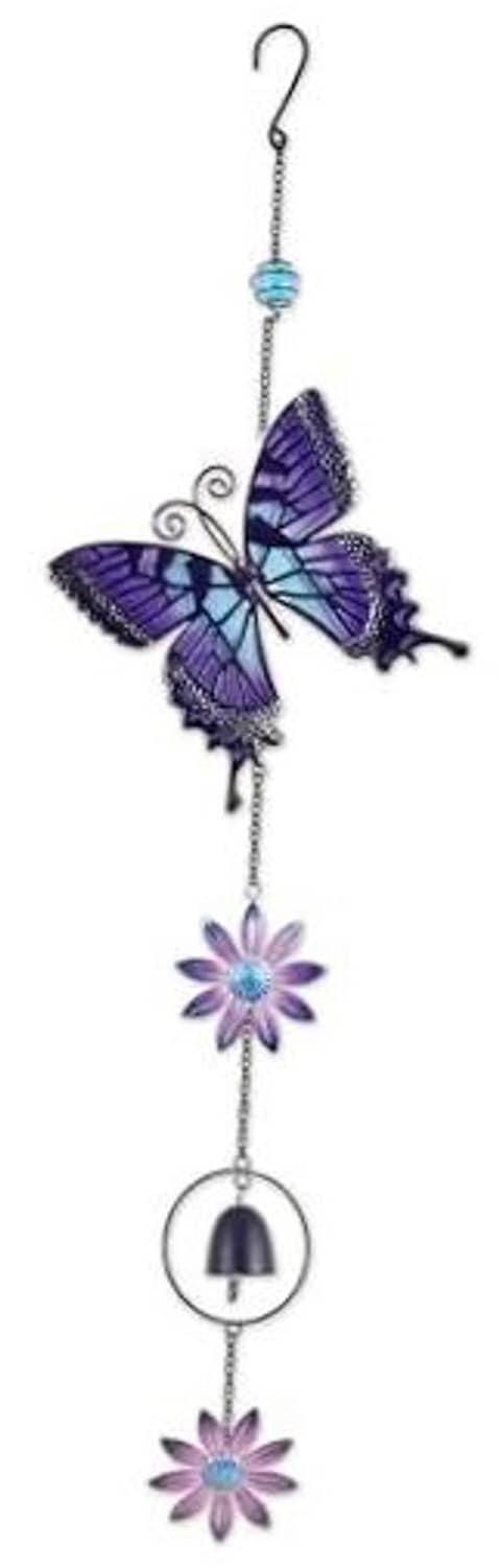 Metal wind bell with purple butterfly and flower charms, hanging bell at bottom