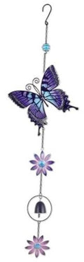 Metal wind bell with purple butterfly and flower charms, hanging bell at bottom