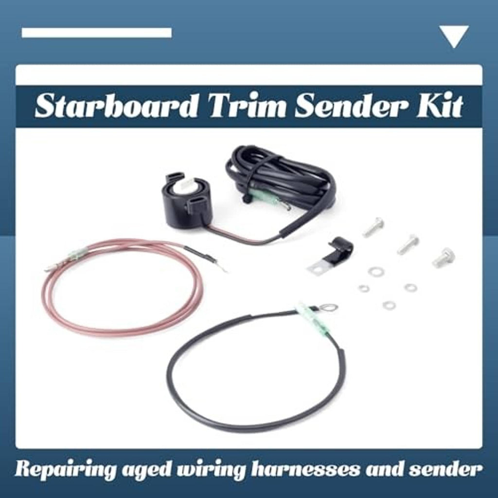 Starboard trim sender kit laid out: sensor module, red/black wiring harness, and screws