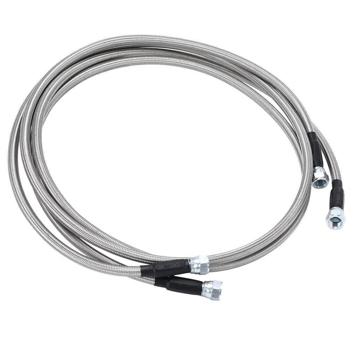 Flexible stainless steel braided transmission cooler lines with black hose sections and end fittings