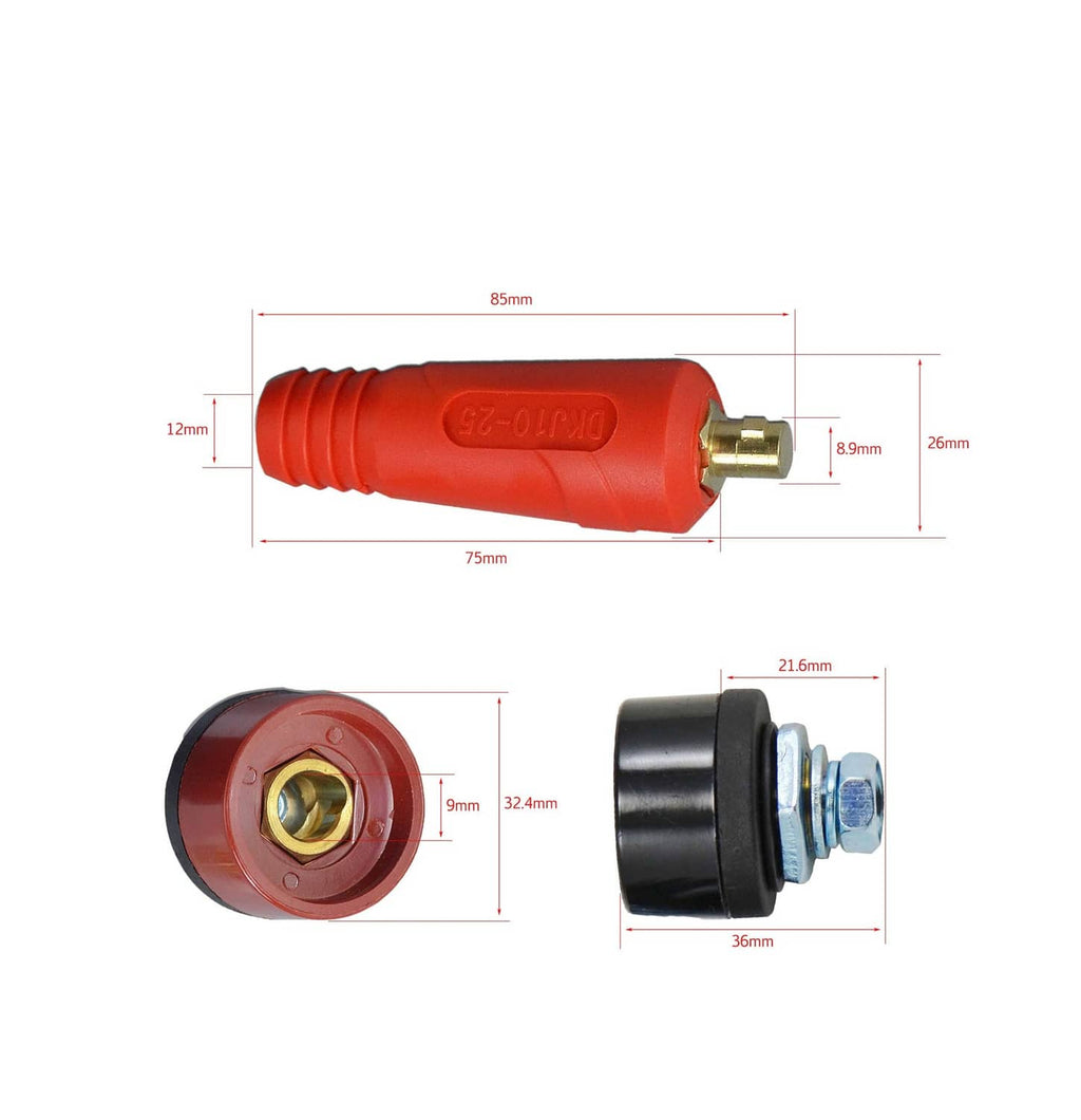 Welding cable panel connector plug with red body and black base, brass contacts