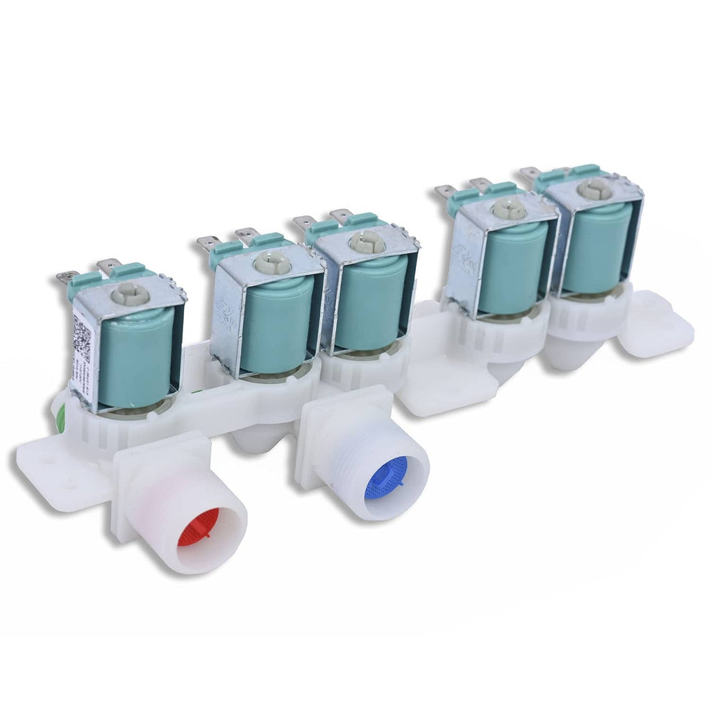 Washer water inlet valve set with four teal solenoid components and white water ports