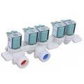 Washer water inlet valve set with four teal solenoid components and white water ports