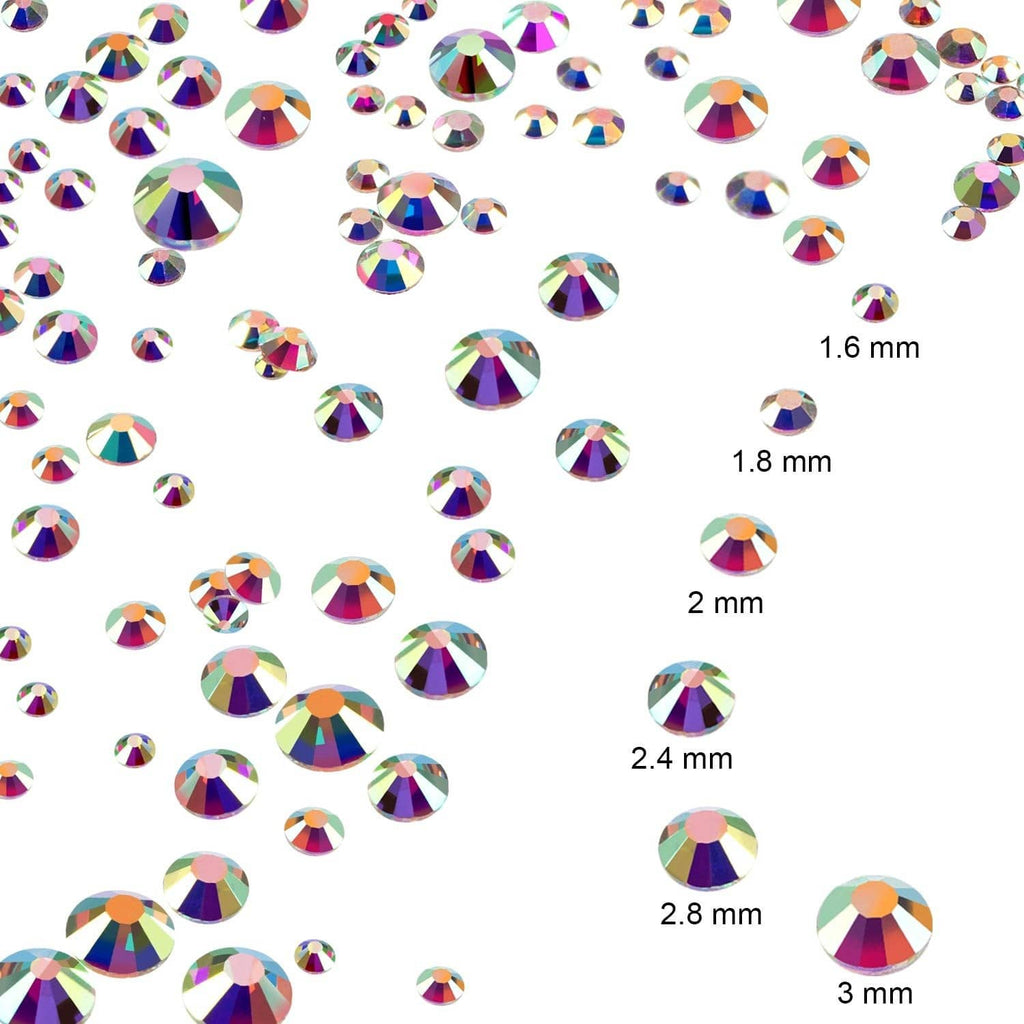 Round AB rhinestones on white sheet, flat-back sizes marked 1.6–3 mm.
