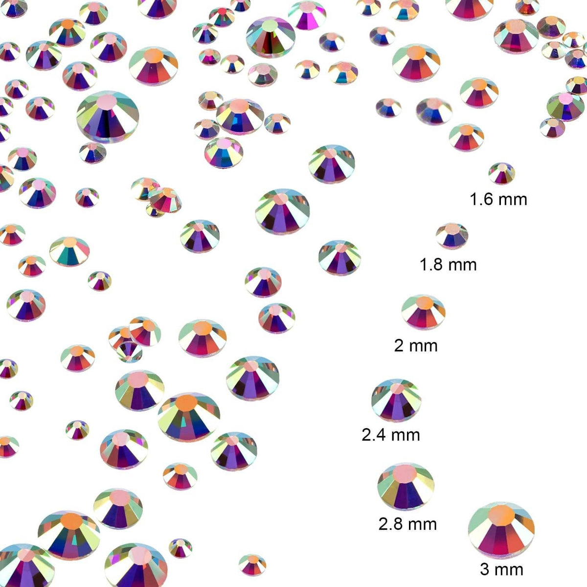 Round AB rhinestones on white sheet, flat-back sizes marked 1.6–3 mm.