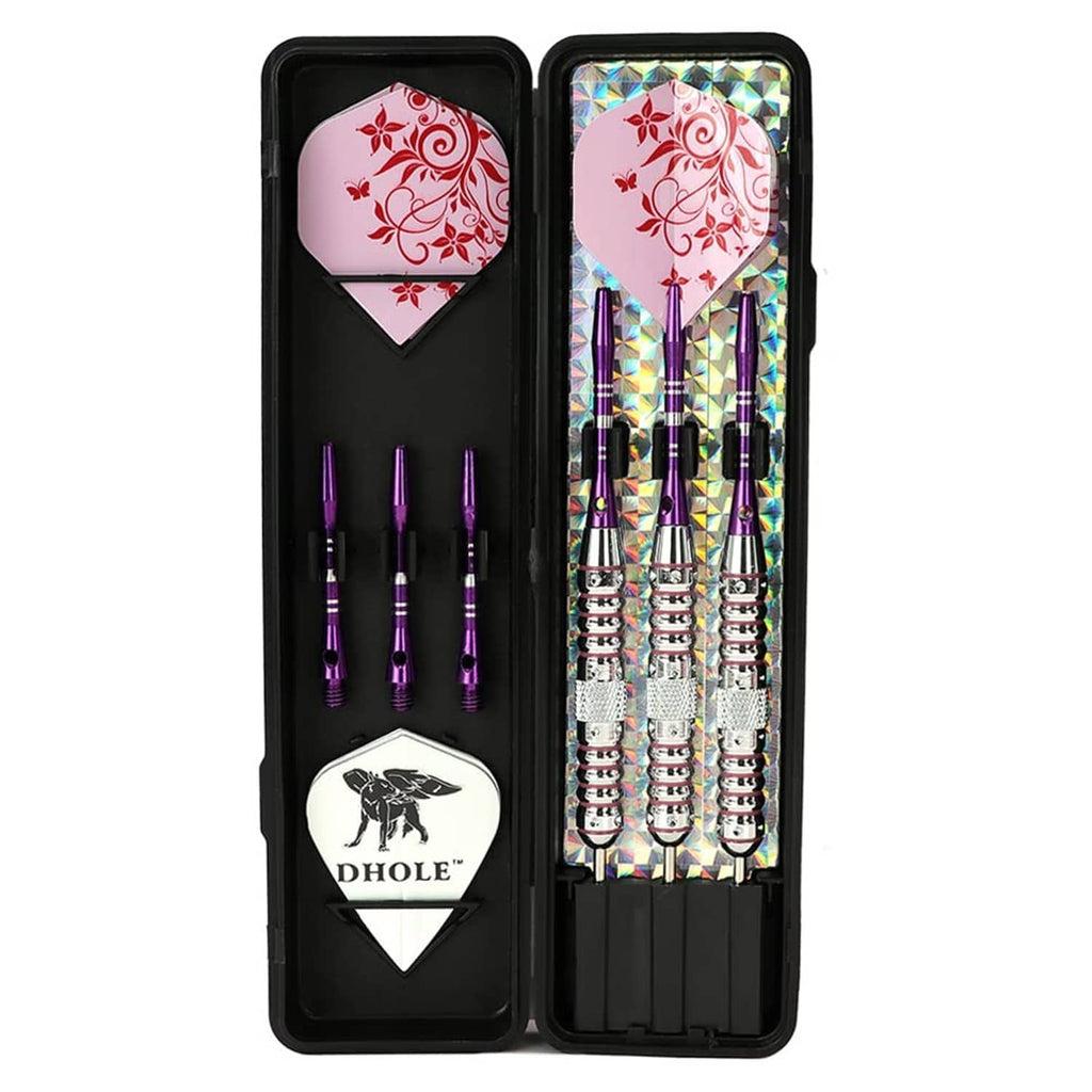 Dart set with pink patterned flights, steel tips, and black storage case
