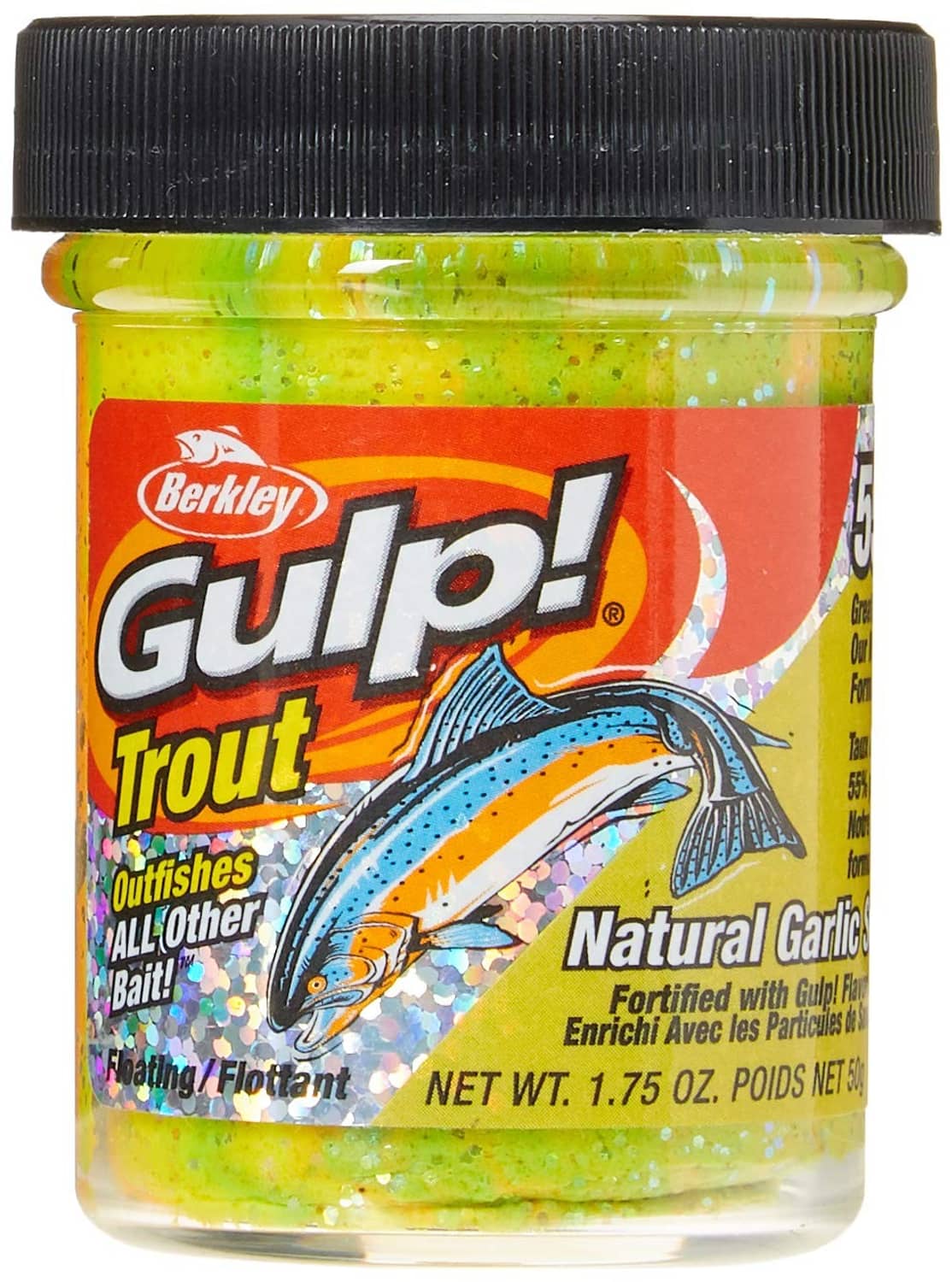 Gulp Trout dough bait jar, natural garlic scent, green-yellow, 1.75 oz