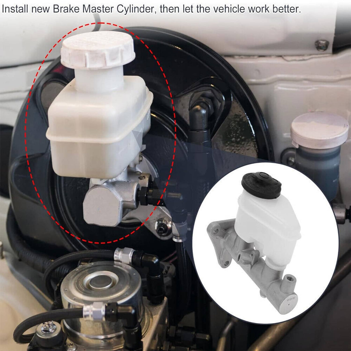 Brake master cylinder mounted in vehicle bay with connected brake lines