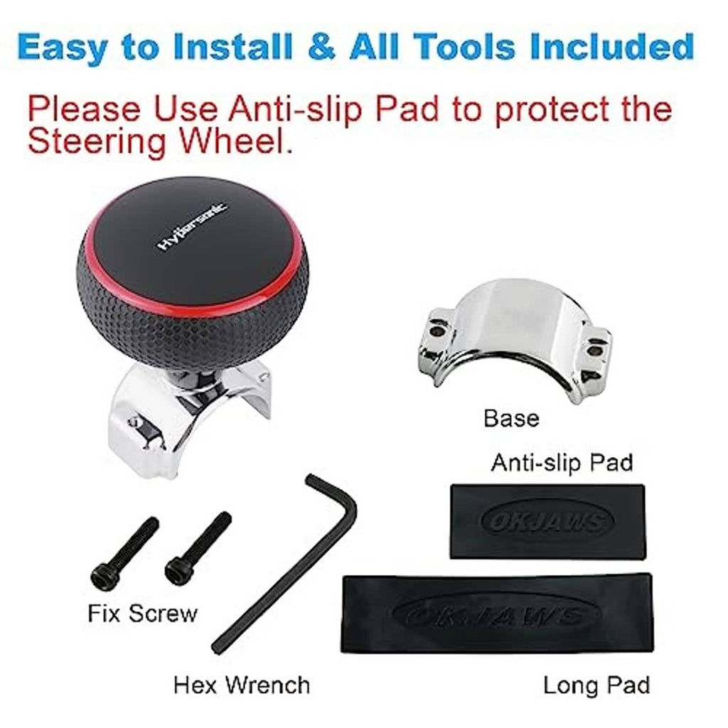 Steering wheel knob spinner kit with base, anti-slip pad, screws, and hex wrench