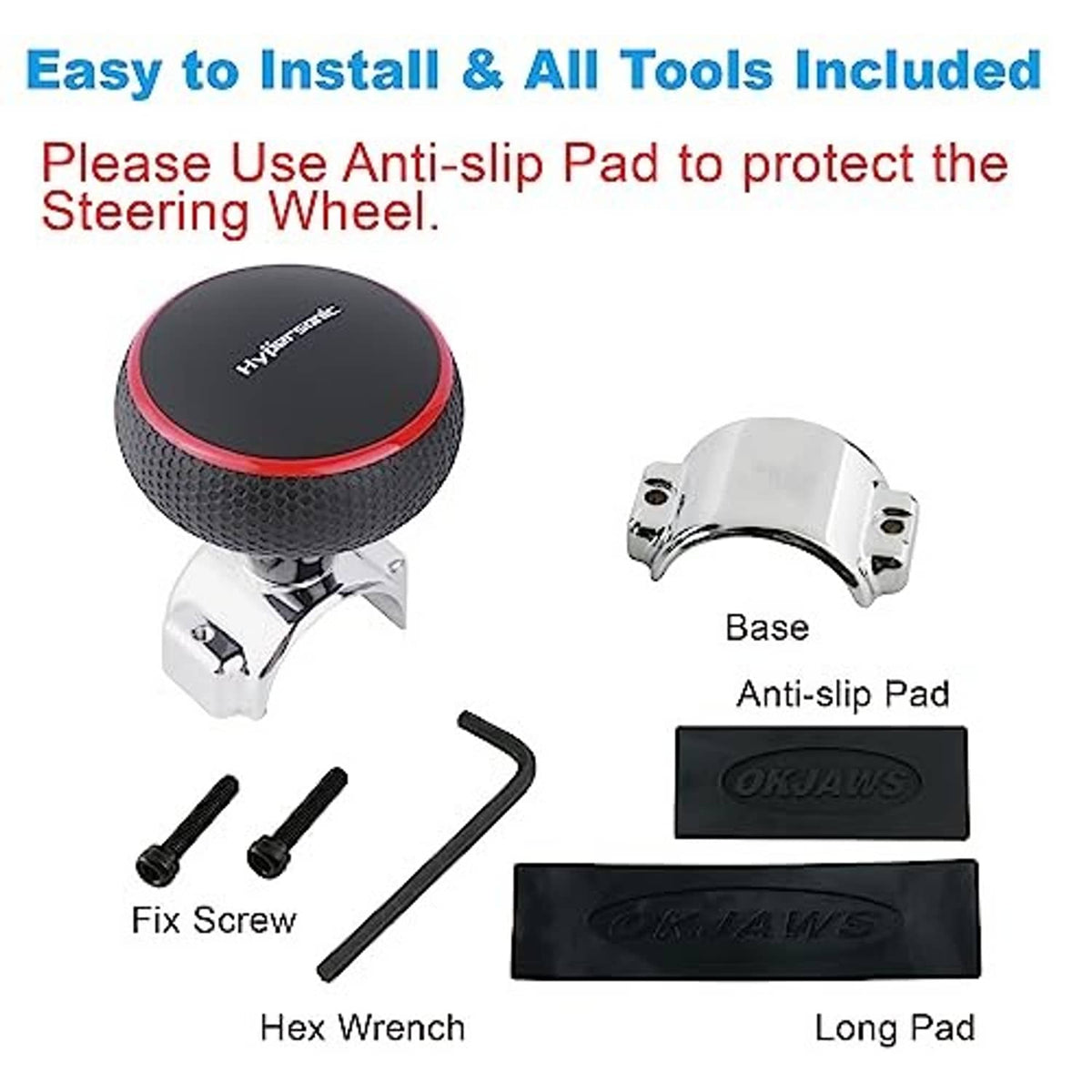 Steering wheel knob spinner kit with base, anti-slip pad, screws, and hex wrench
