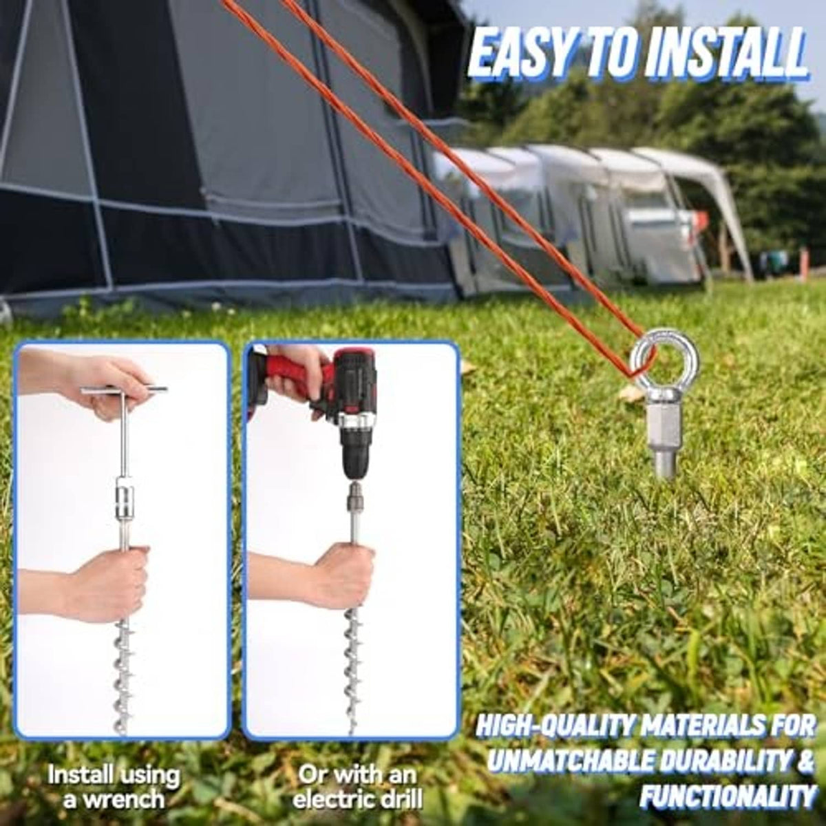 Screw-in ground anchor set for tents and covers, with metal eyelet and installation tool shown
