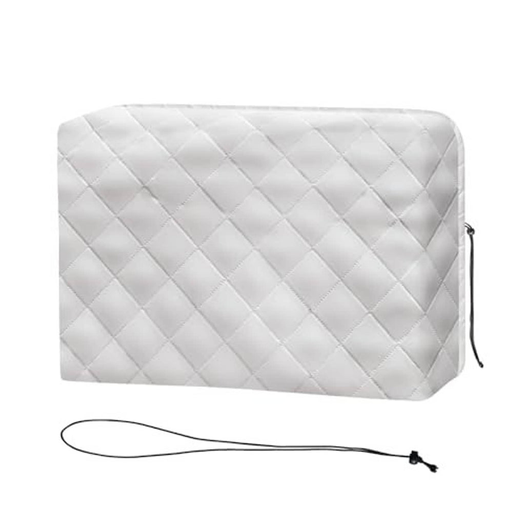 Light gray quilted indoor air conditioner cover with drawstring cord and grommet.