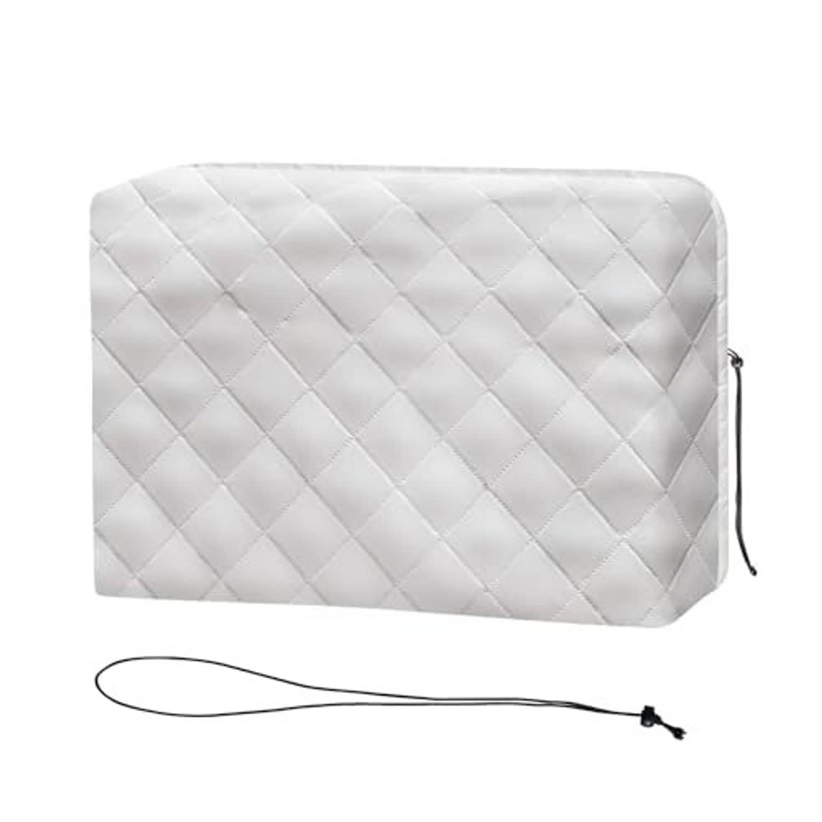 Light gray quilted indoor air conditioner cover with drawstring cord and grommet.