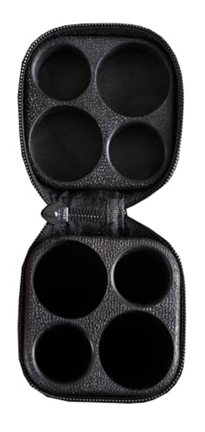 Open blue cue case with six round padded cue holders and black zipper lining