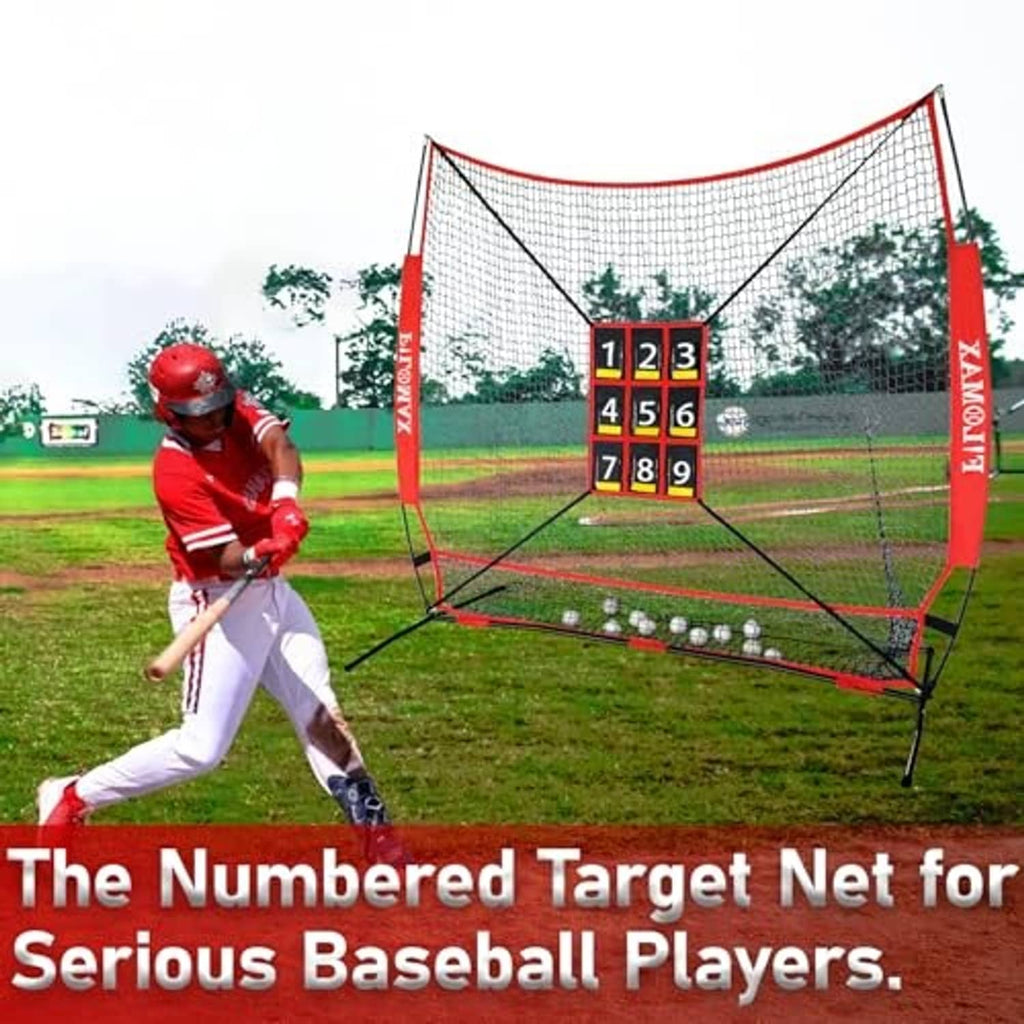 Baseball practice net with numbered 1–9 strike-zone target and red side panels