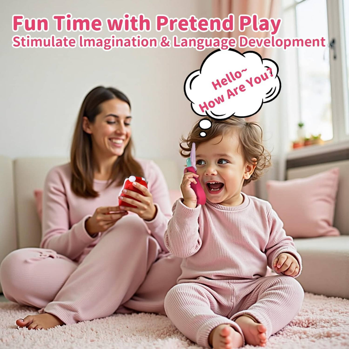 Baby playing with a pink toy cell phone, held up near face