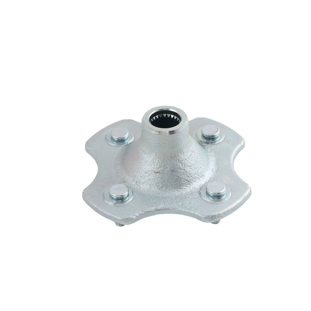 Wheel hub assembly with flange, mounting studs, and central bearing opening