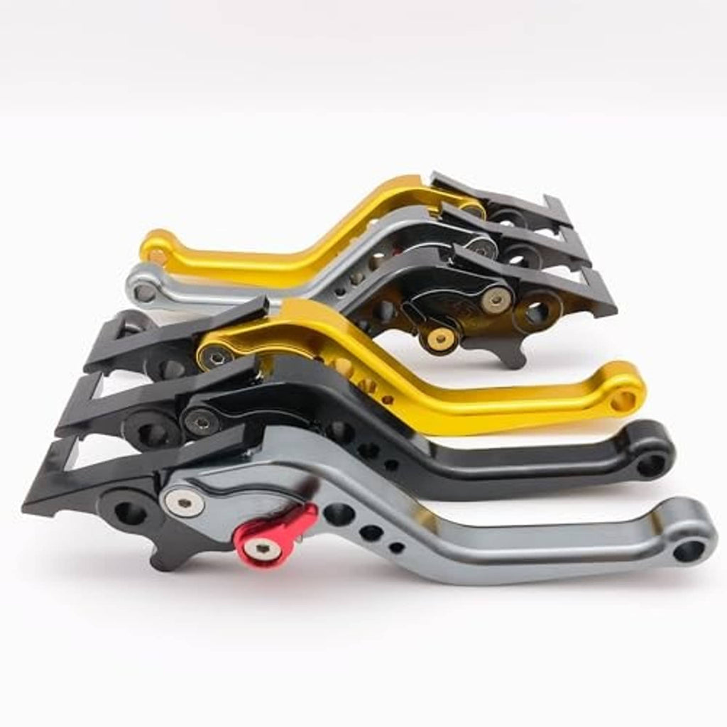 Adjustable aluminum motorbike brake lever pair, yellow and gray arms with black brackets