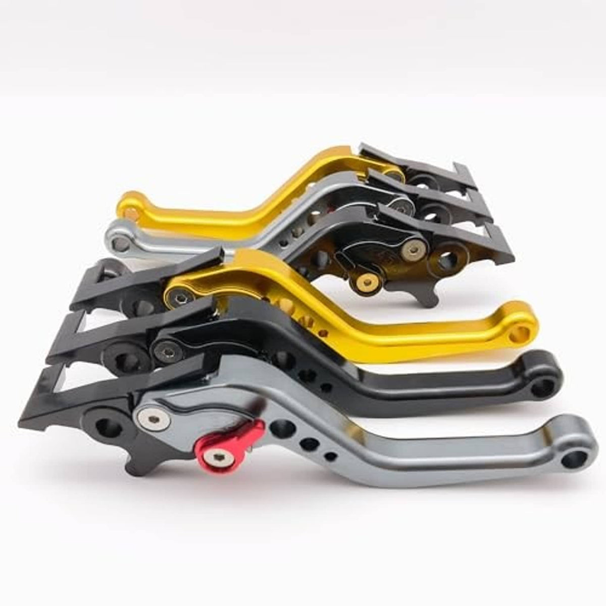 Adjustable aluminum motorbike brake lever pair, yellow and gray arms with black brackets