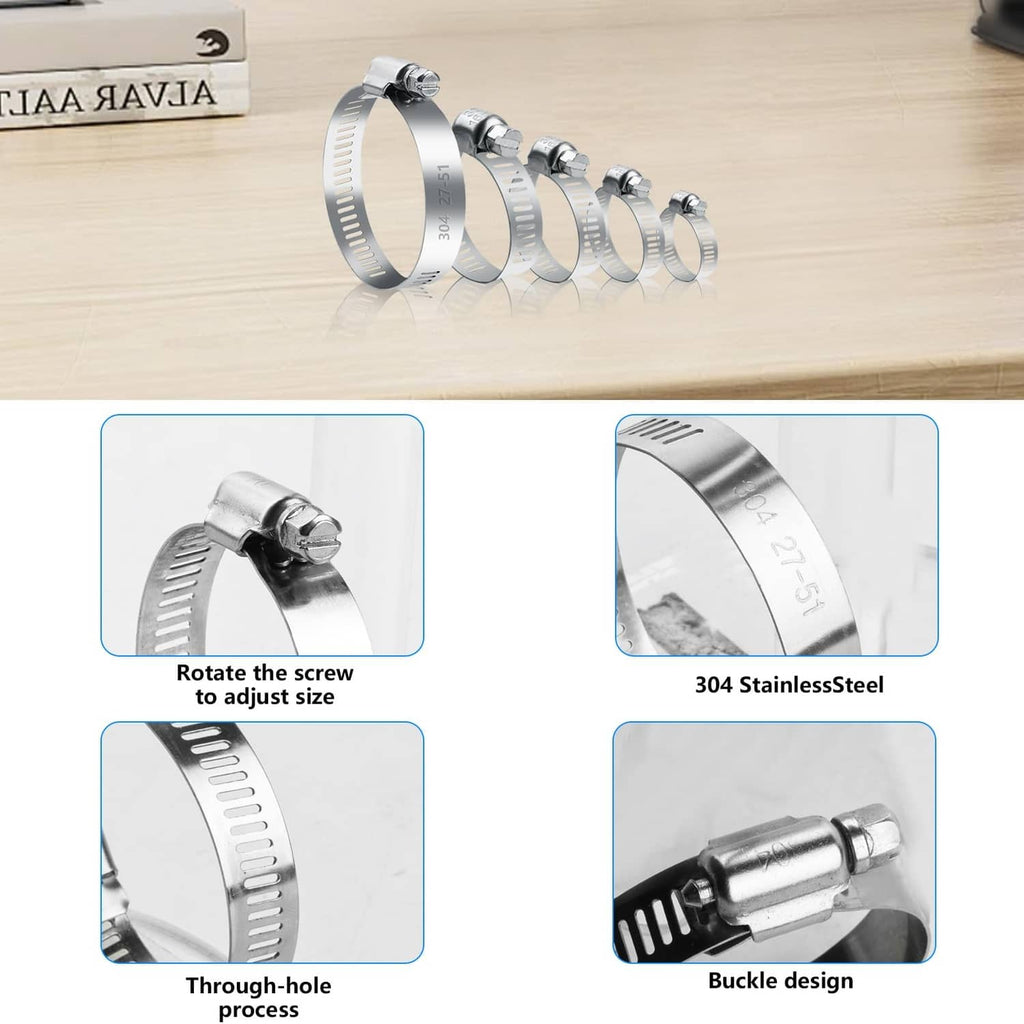 Stainless steel hose clamp set, close-up of band and screw adjuster on hoses