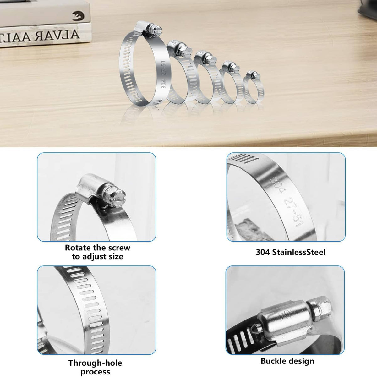 Stainless steel hose clamp set, close-up of band and screw adjuster on hoses