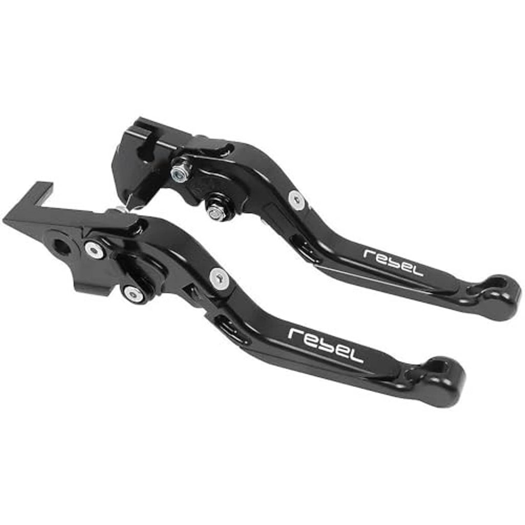 Pair of black folding motorcycle levers with hinge brackets and silver hardware
