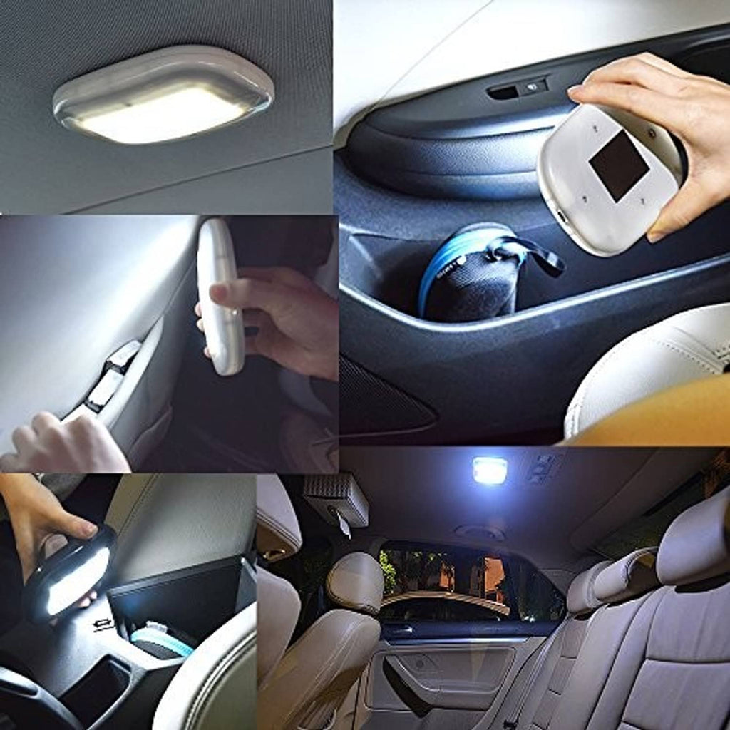 Car ceiling dome LED light shown in multiple placement angles, glowing under use