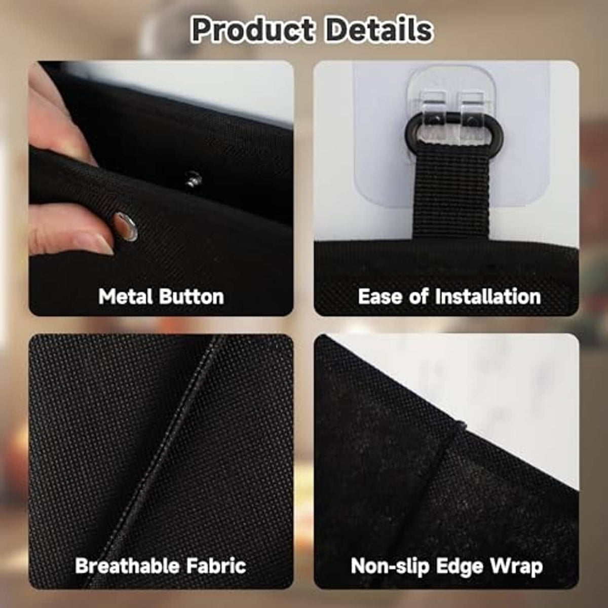 Black breathable fabric shoe organizer with metal button detail and non-slip edge wrap