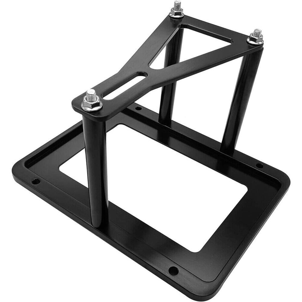 Black battery tray mounting frame with four posts and base plate, stud bolts