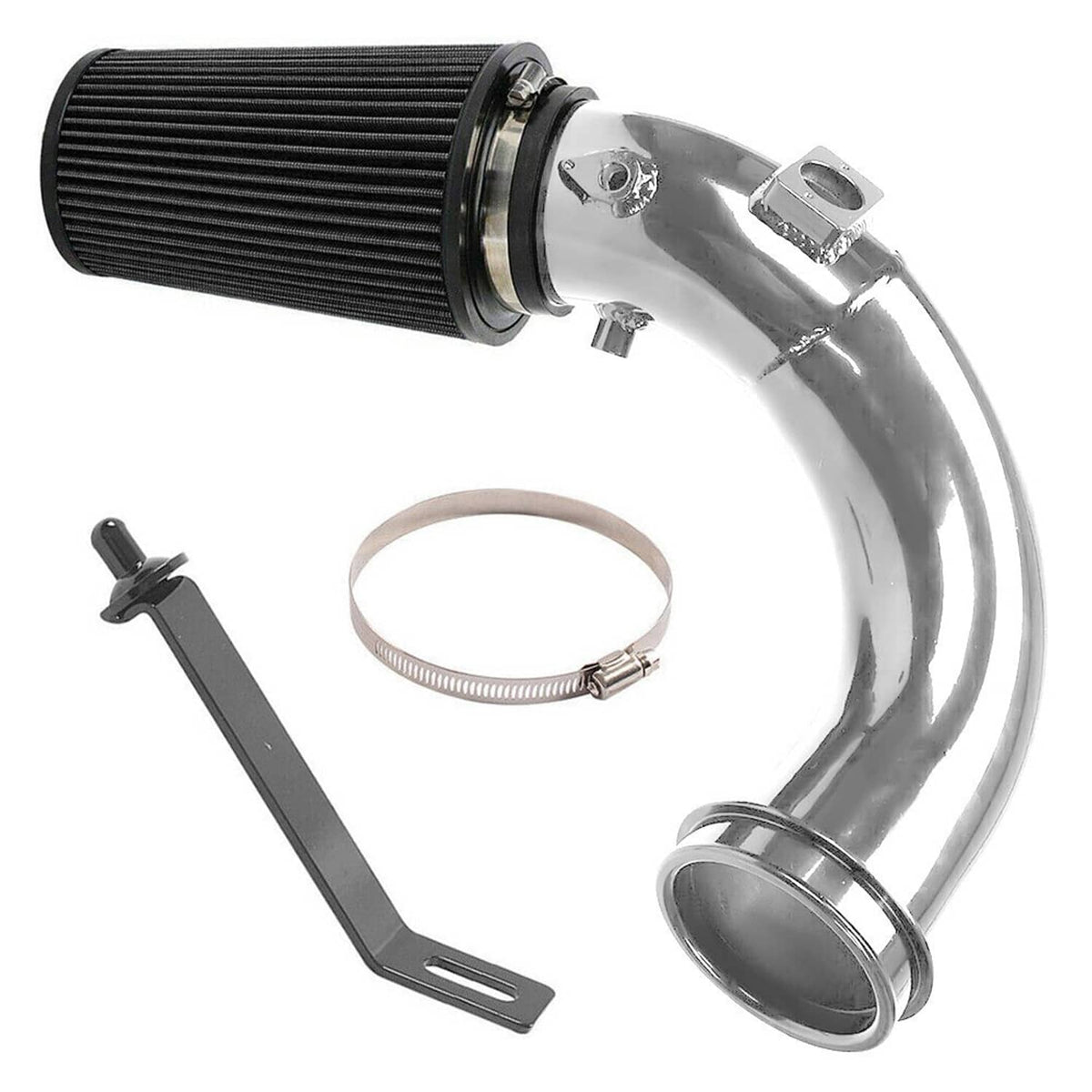 Air intake tube kit with black filter, metal bracket, and spring-style clamp