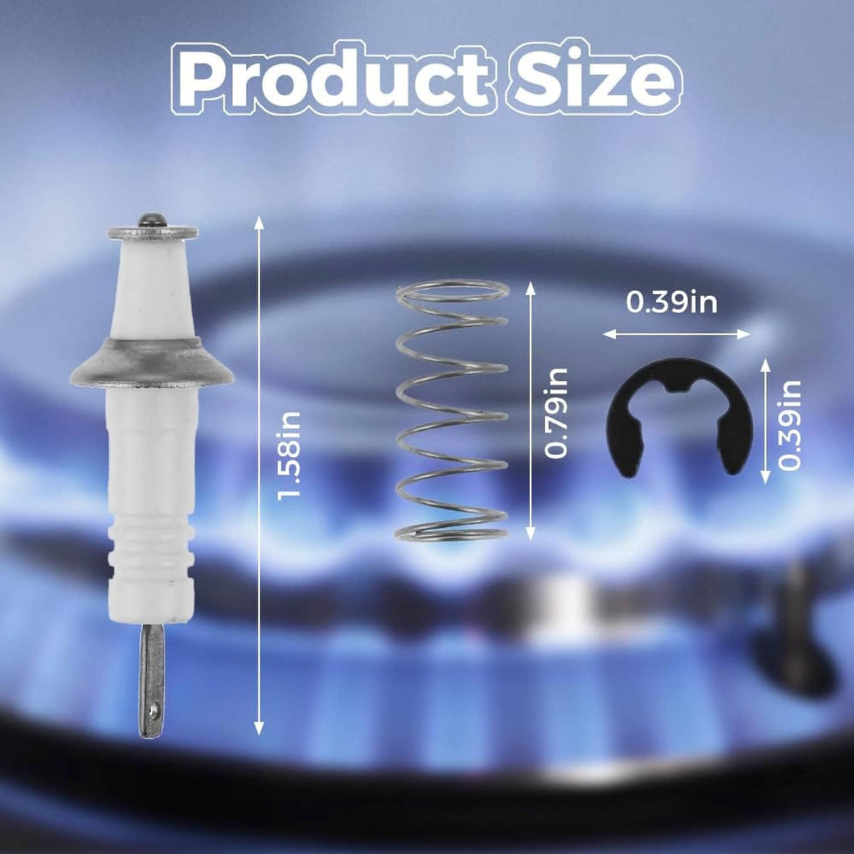 Burner igniter electrode with ceramic insulator, metal pin, and coil spring with size markers