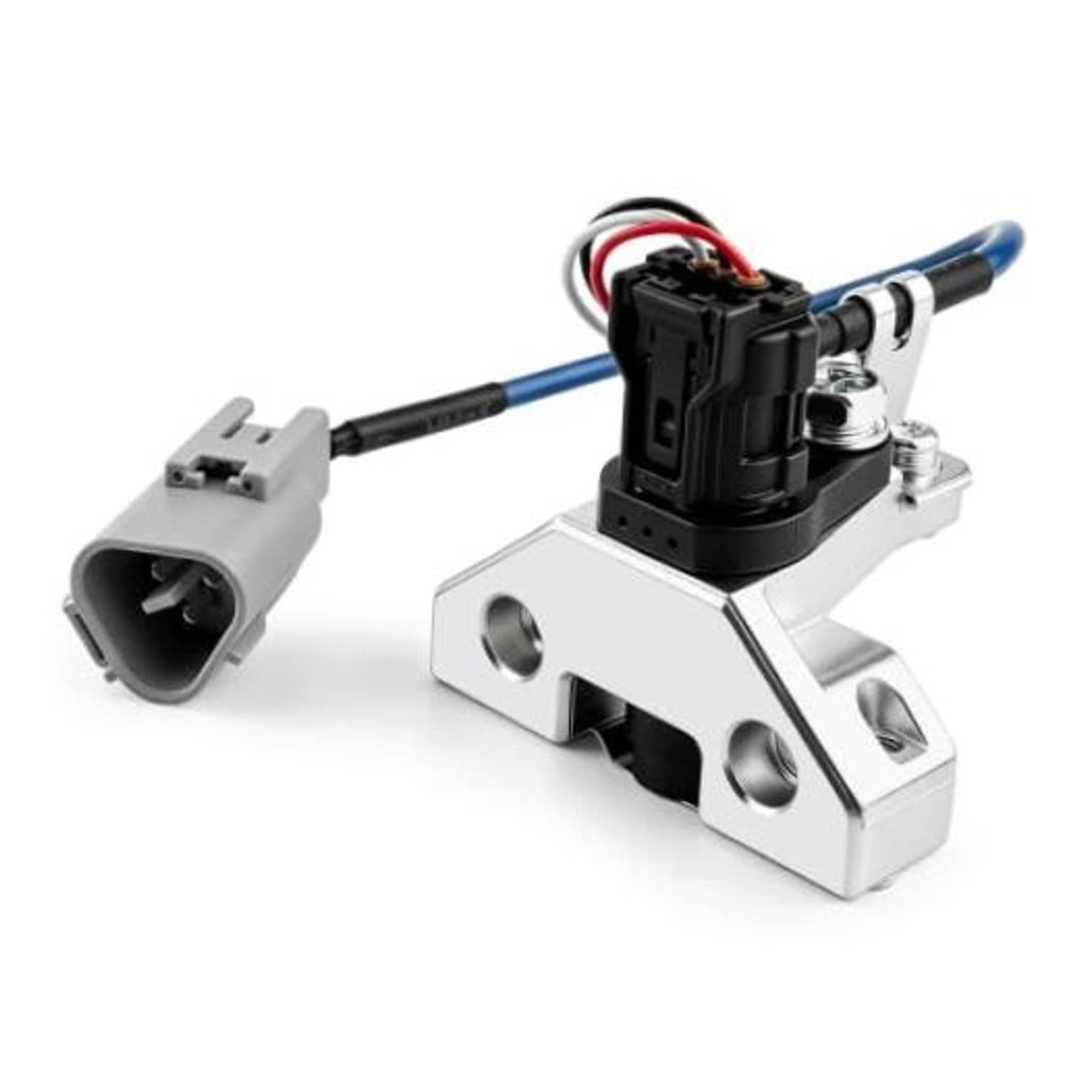 Camshaft position sensor with wiring harness, gray metal mounting bracket, and black connector