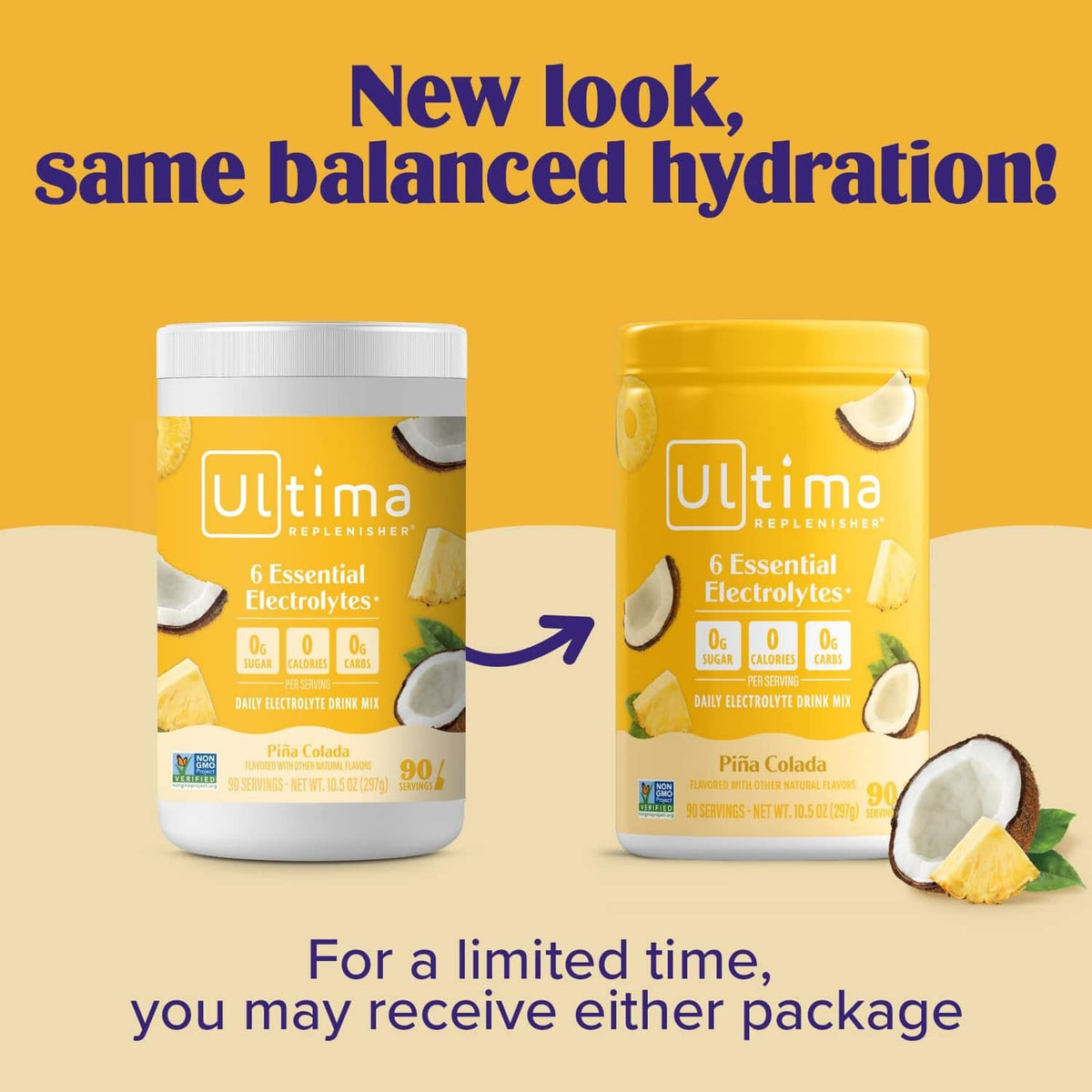 Electrolyte powder drink mix containers showing new and old pack designs, with “Pina Colada”