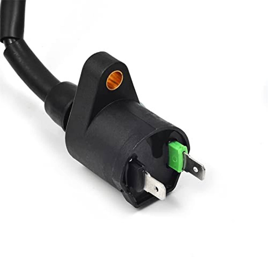 Black ignition coil with green terminal and copper contact tip, attached to black cable