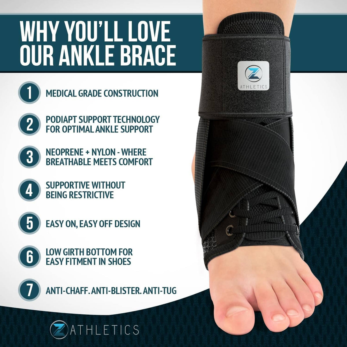 Black ankle brace with front lace-up closure and supportive wrap band