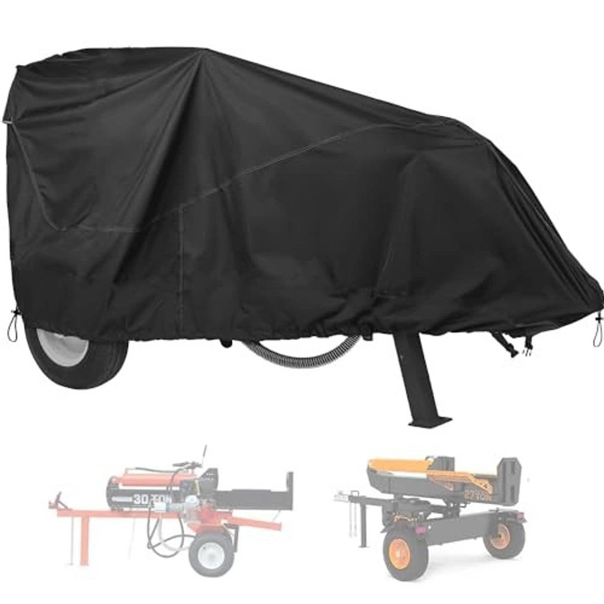 Black waterproof log splitter cover, angled view with elastic hem cord