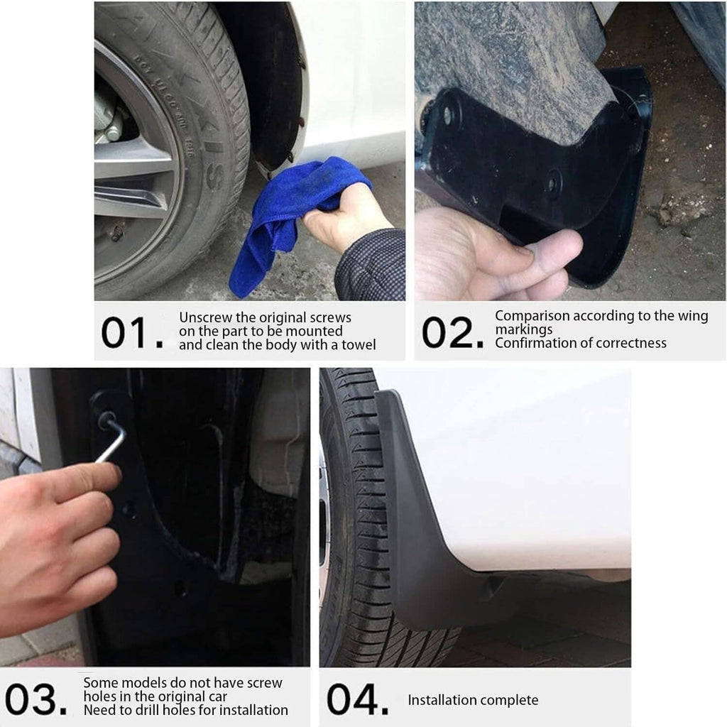 Black mud flap installation with mounting alignment and fit check near tire area.