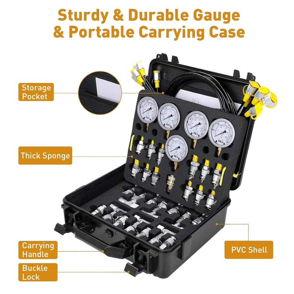 Open hydraulic pressure test kit case with 5 pressure gauges and connector fittings