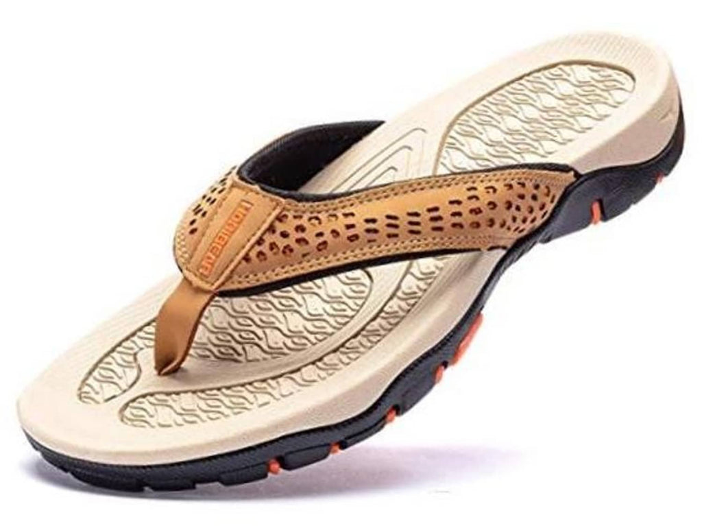 Khaki mens thong flip-flops with tan perforated strap and textured footbed