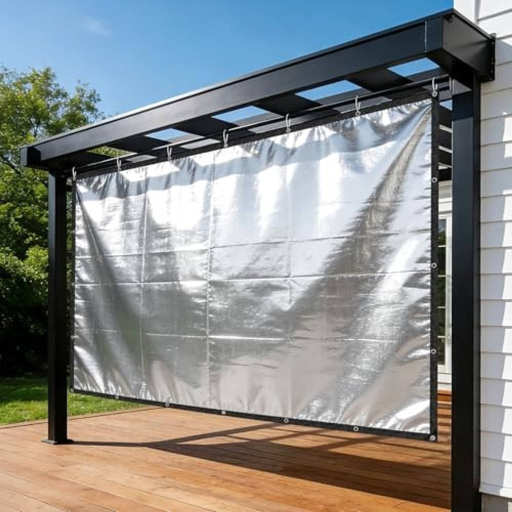 Silver reflective shade cloth tarp stretched over an outdoor frame with hanging ties