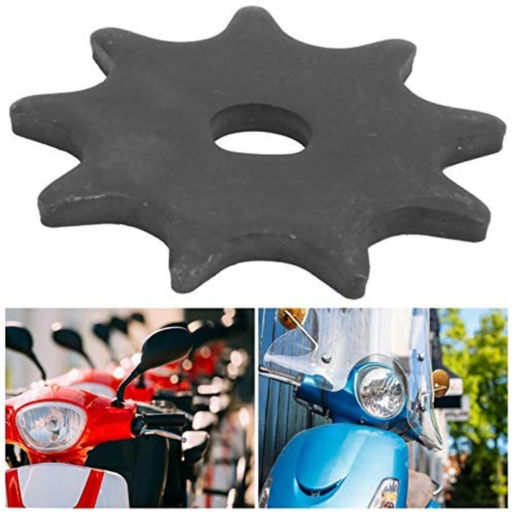 Black chain sprocket with central hole and thick gear teeth, side view