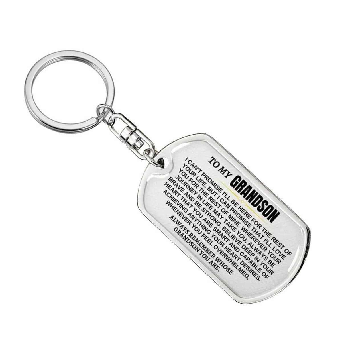 Silver dog-tag keychain with engraved inspirational message and keyring clasp