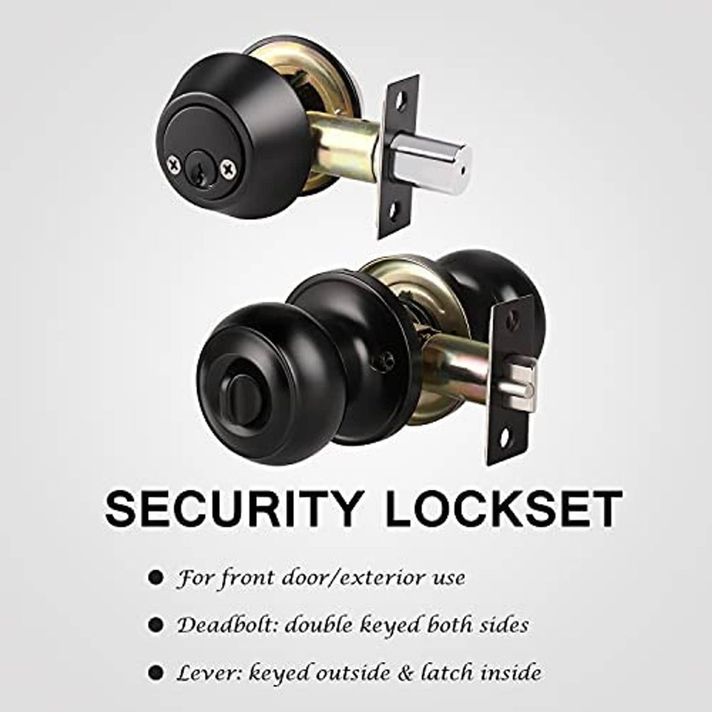 Matte black keyed door knob and deadbolt set with backplates and latch bar