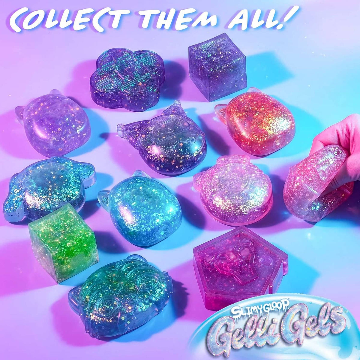 Assorted glitter gel shapes: purple, blue, green, pink, and red on display
