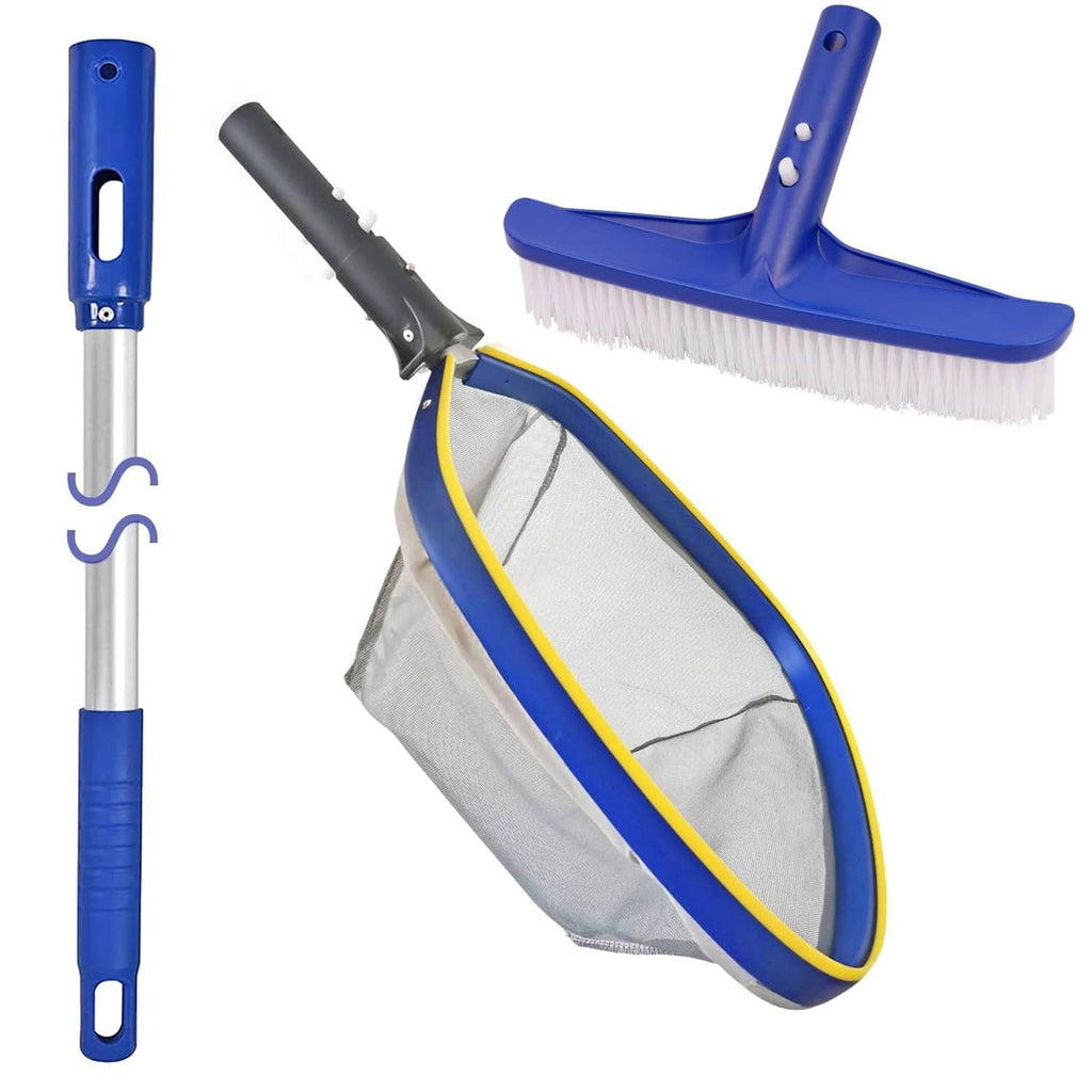 Blue and gray pool brush with oval skimmer bag and attached pole sections