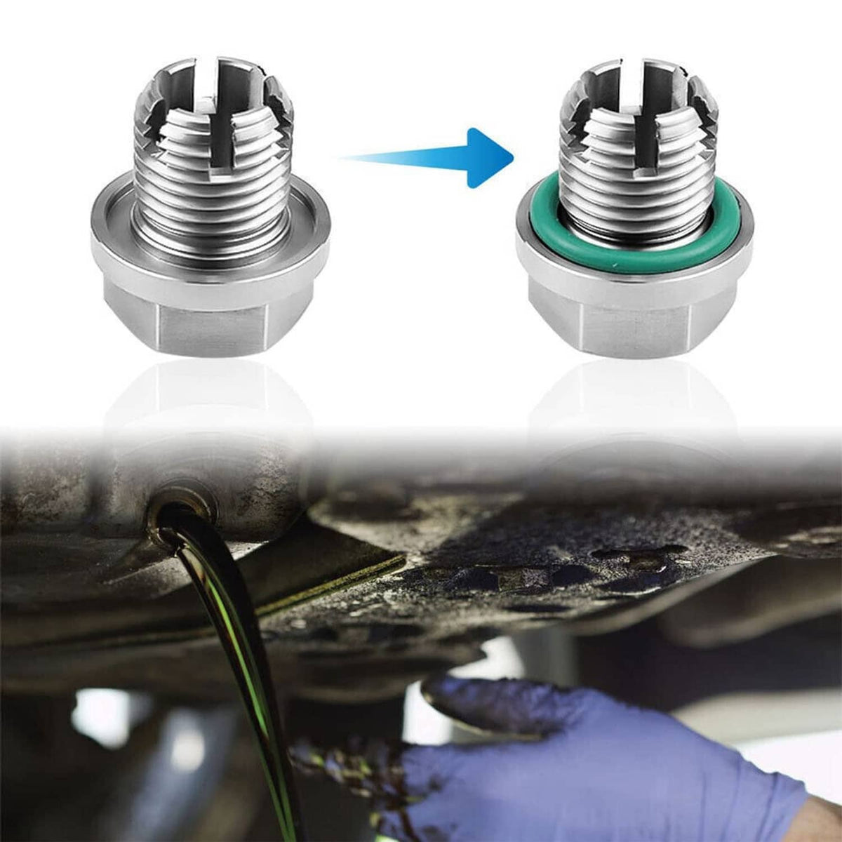 Oil drain plug repair kit showing self-tapping insertion with O-ring seal