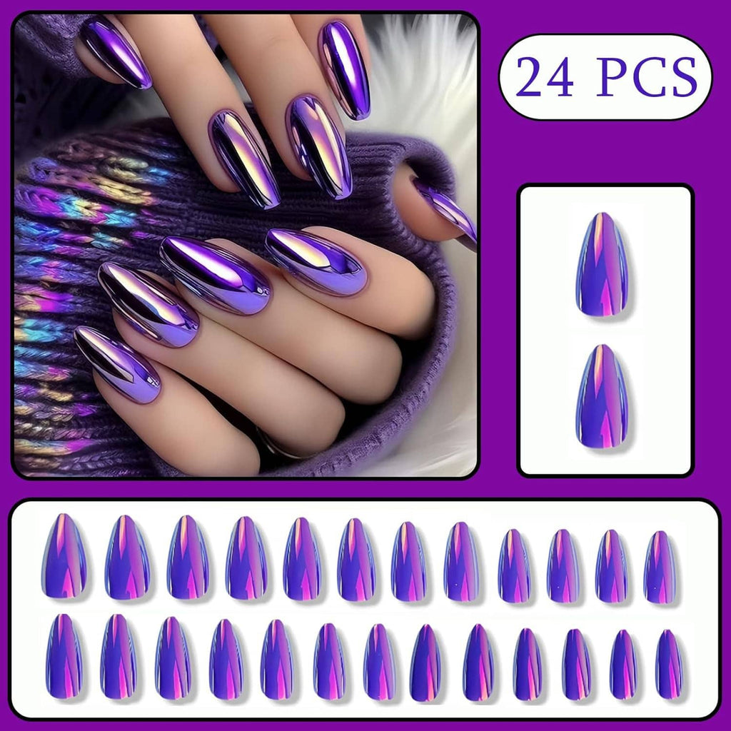 Purple iridescent chrome press-on nails, medium almond tips arranged for a press-on set