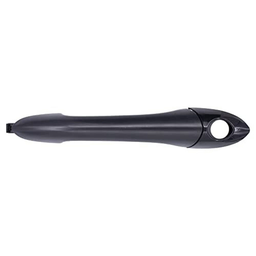 Exterior door handle, dark gray curved lever with round latch cutout, front side view
