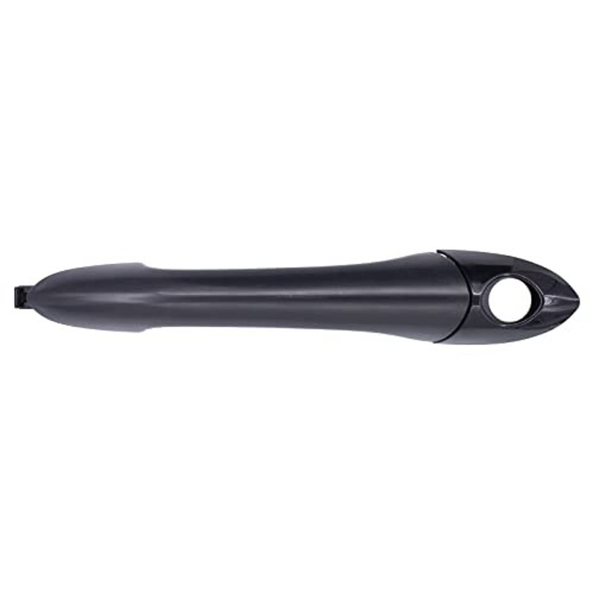 Exterior door handle, dark gray curved lever with round latch cutout, front side view